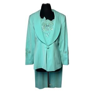 Donna Vinci Couture Vintage 3-Piece Suit Teal Green Beaded Sequin Skirt Set 10